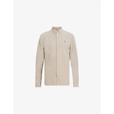 Allsaints Mens Moon Grey Birchwood Ramskull-embroidered Slim-fit Organic-cotton Shirt In Multi