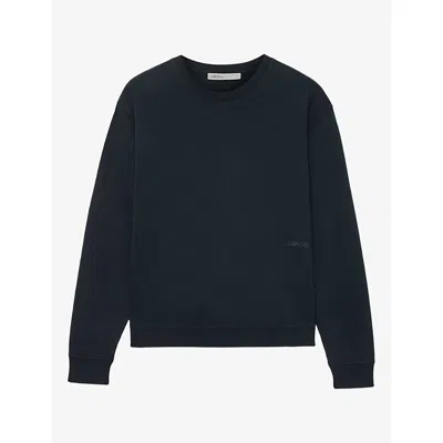Allsaints Mens Navy Blue River Crewneck Relaxed-fit Cotton Sweatshirt Xl