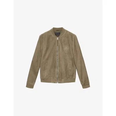 Allsaints Mens Olive Green Morten Baseball-collar Suede Jacket Xl