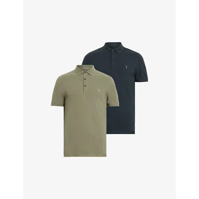 Allsaints Mens  Reform Logo-embroidered Short-sleeve Cotton Polo Pack Of Two In Potion Blue/gr