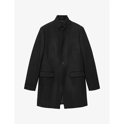 Allsaints Mens Satin Black Haydon Lapel-collar Wool-blend Coat