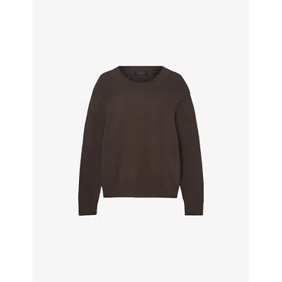 ALLSAINTS MENS MOLE BROWN STATTEN CREW-NECK LOGO-EMBROIDERED STRETCH-KNIT JUMPER