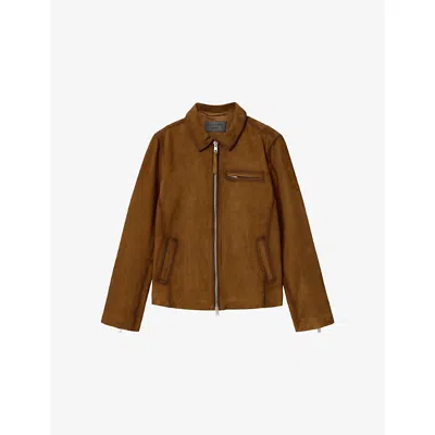 Allsaints Mens Tan Brown Ashwood Zip-up Suede Jacket Xl In Gray
