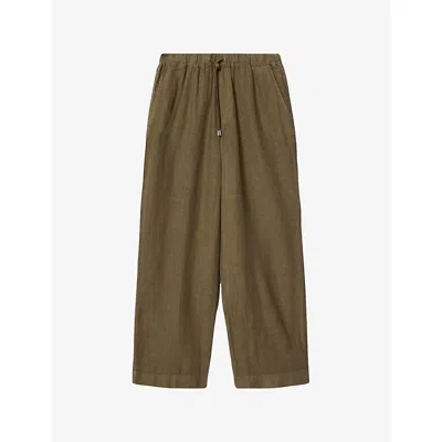 Allsaints Mens Traverse Brown Sharp Loose Straight-leg Linen Trousers Xl