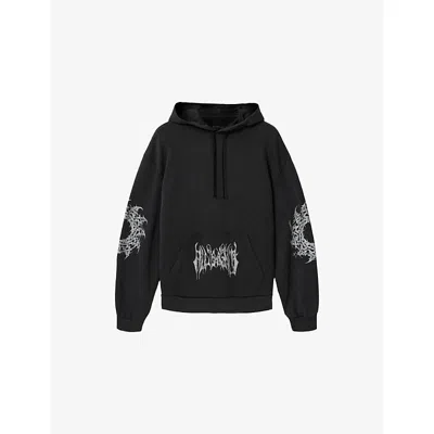 Allsaints Mens Washed Black Helvette Graphic-print Cotton-jersey Hoody Xs In Multi
