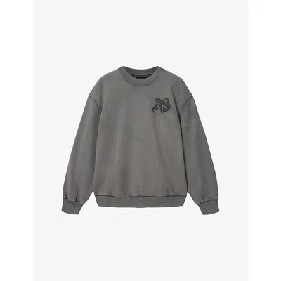 Allsaints Mens Washed Black Insignia Logo-embroidered Cotton Sweatshirt Xxl In Gray