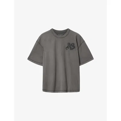 Allsaints Mens Washed Black Insignia Logo-embroidered Cotton T-shirt Xs In Gray