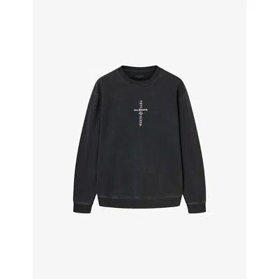 Allsaints Mens Washed Black Knox Branded Cotton-jersey Sweatshirt