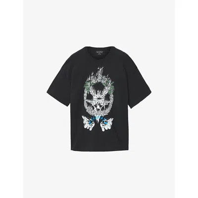 Allsaints Mens Washed Black Palm Ripper Crewneck Graphic-print Cotton T-shirt