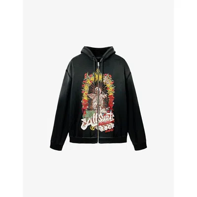 Allsaints Mens Washed Black Roque Zip-up Graphic-print Cotton Hoody Xs
