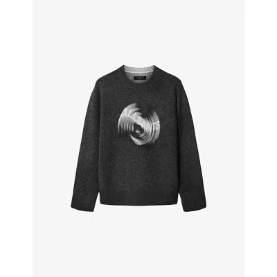 Allsaints Mens Washed Black Spinnin Graphic-print Alpaca-blend Jumper