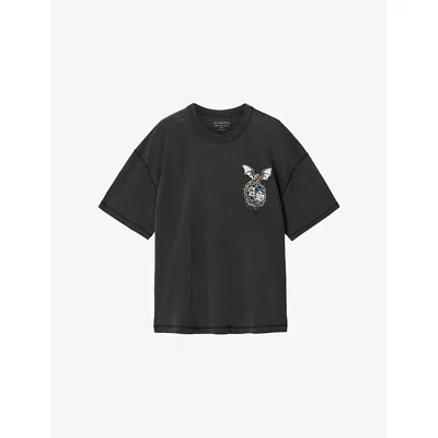 Allsaints Mens Washed Black Wyvern Graphic-print Cotton T-shirt In Multi