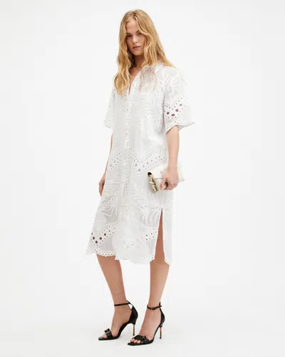 Allsaints Meria Broderie Midi Dress In Optic White