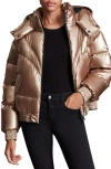 Allsaints Mika Hooded Metallic Down Puffer Jacket In Pink