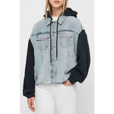 Allsaints Milena Mixed Media Hooded Denim Jacket In Blue