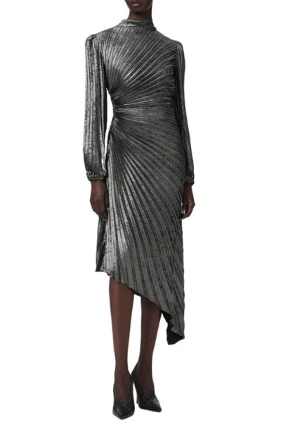 Allsaints Milena Pleated Metallic Midi Dress In Platinum Silver