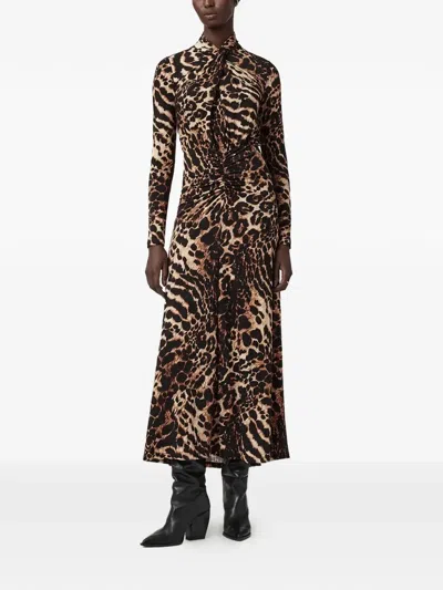 Allsaints Womens Mina Leopard-print Ruched-front Stretch-jersey Midi Dress Pardus Honey B In Multi