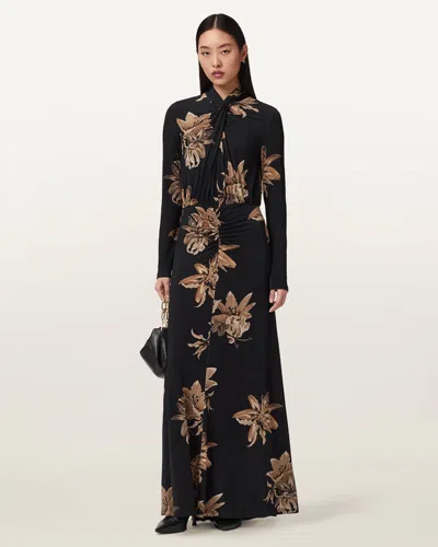 Allsaints Mina Floral A-line Maxi Dress In Brown