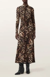 Allsaints Womens Mina Leopard-print Ruched-front Stretch-jersey Midi Dress Pardus Honey B In Brown