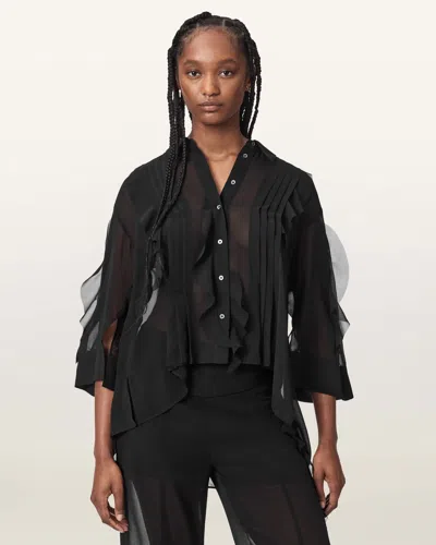 Allsaints Minna Sheer Frill Shirt In Black