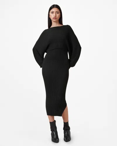 Allsaints Minori 2-in-1 Ribbed Midi Dress In Black