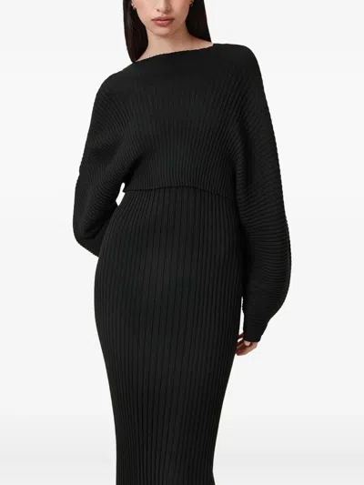 Allsaints Minori Ribbed Midi Dress In Black
