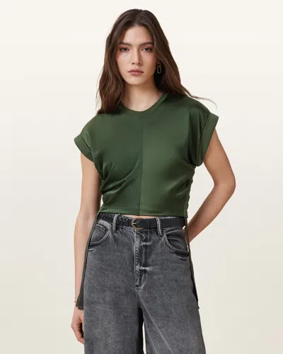 Allsaints Mira Cropped Satin Drawcord T-shirt In Rifle Green