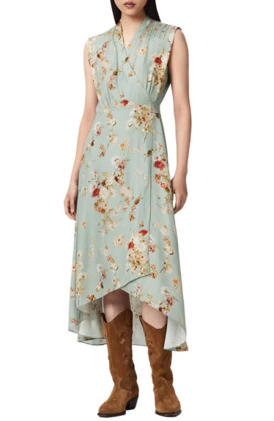 Allsaints Mira Floral Silk Blend Faux Wrap Midi Dress In Blue