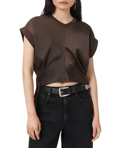 Allsaints Mira Cropped Satin Drawcord T-shirt In Burgundy