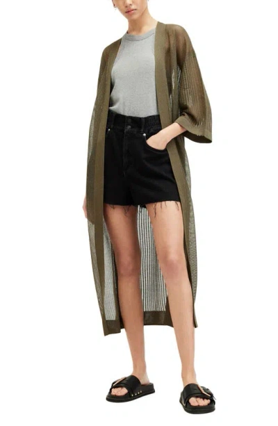 Allsaints Misha Open Stitch Longline Cardigan In Khaki Green