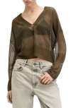 Allsaints Misha V-neck Open Stitch Sweater In Khaki Green