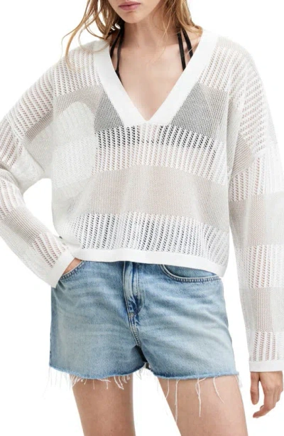 Allsaints Misha V-neck Open Stitch Sweater In White