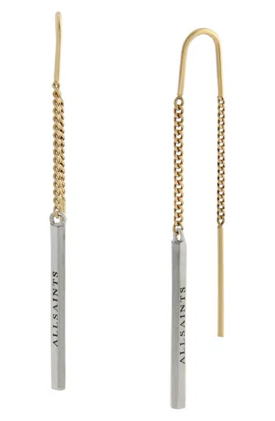Allsaints Mixed Metal Bar Threader Earrings In Gold