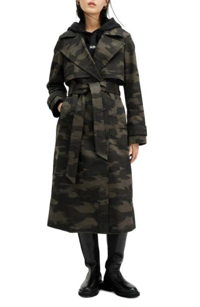 Allsaints Mixie Tie Waist Double Breasted Camo Trench Coat In Camo Brown