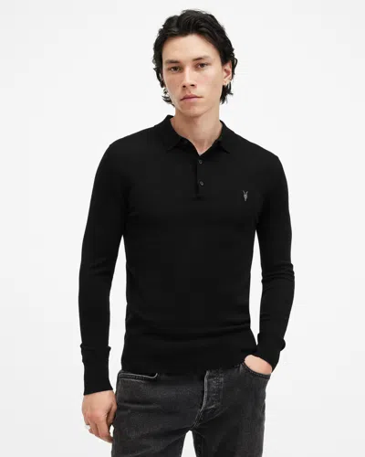 Allsaints Mode Merino Long Sleeve Polo Shirt In Black