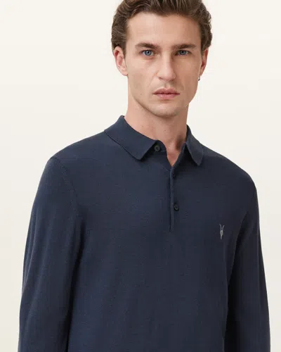 Allsaints Mode Merino Long Sleeve Polo Shirt In Navy Blue