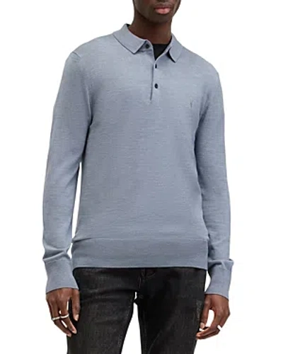 Allsaints Mode Merino Long Sleeve Polo Shirt In Dusty Blue