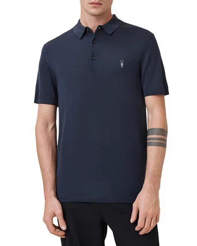 Allsaints Mode Merino Short Sleeve Polo Shirt In Navy Blue