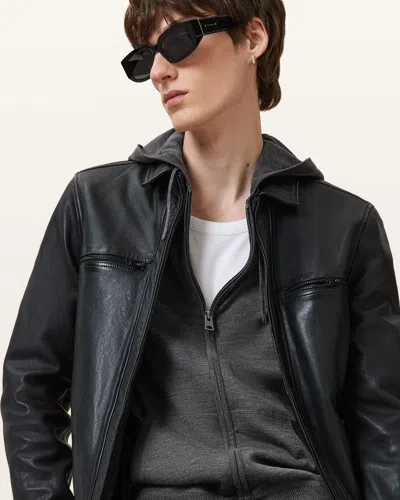 Allsaints Mode Merino Zip Up Ramskull Hoodie In Monument Grey