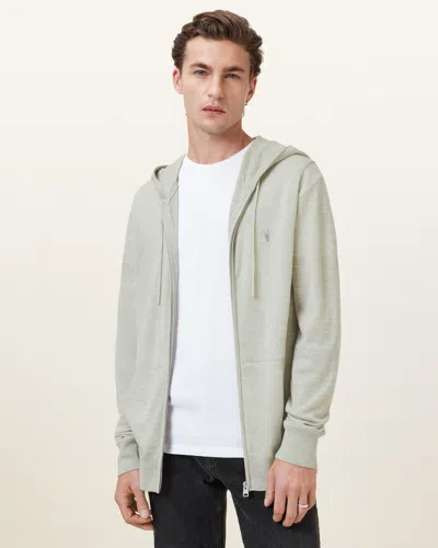 Allsaints Mode Merino Zip Up Ramskull Hoodie In Slate Green
