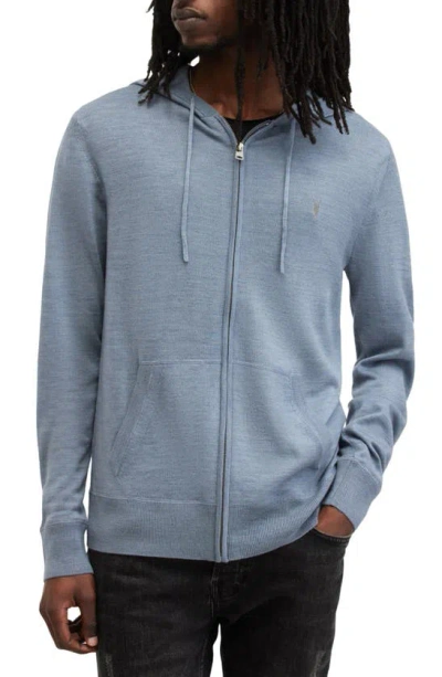 Allsaints Mode Merino Zip Up Ramskull Hoodie In Dusty Blue
