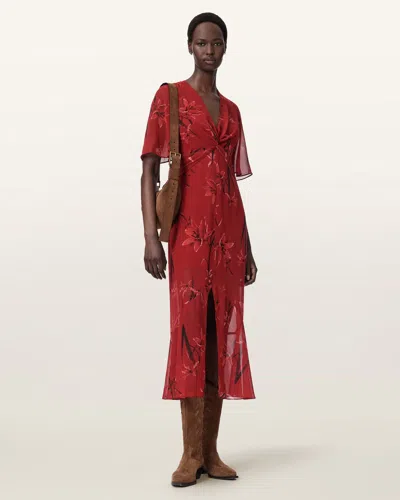 Allsaints Mollie Twist Detail Floral Midi Dress In Red