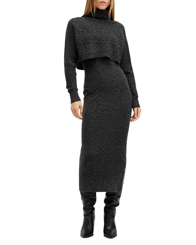 Allsaints Muriel 2-in-1 Knitted Slim Midi Dress In Cinder Black