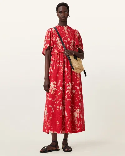 Allsaints Mya Floral Print Shirred Midi Dress,