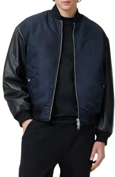 Allsaints Myler Oversize Nylon Bomber Jacket In Black/ink Blue