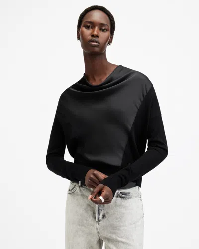 Allsaints Myra Cowl Neck Mixed Media Wool Sweater In Black