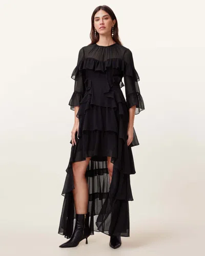 Allsaints Cavarly Ruffle Long Sleeve Maxi Dress In Black