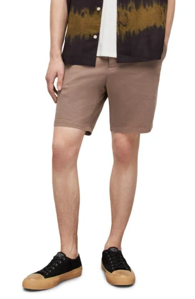 Allsaints Neiva Flat Front Stretch Twill Shorts In Moorland Brown