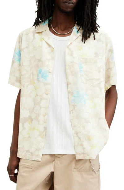 Allsaints Nevada Floral Print Camp Shirt In Wicker White