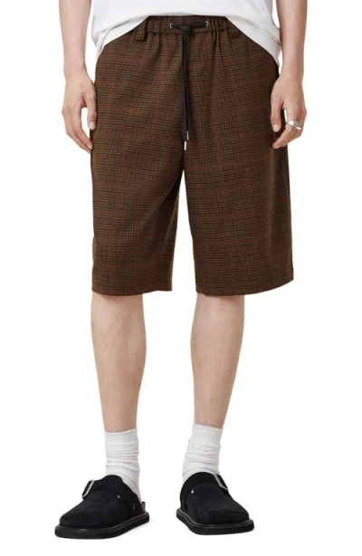 Allsaints Newell Check Elastic Waist Long Shorts In Coin Brown